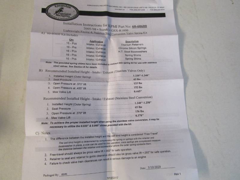 GSXR1000 K1-8 Kibblewhite LiteWeight Kit - Race Valve Springs and Retainers